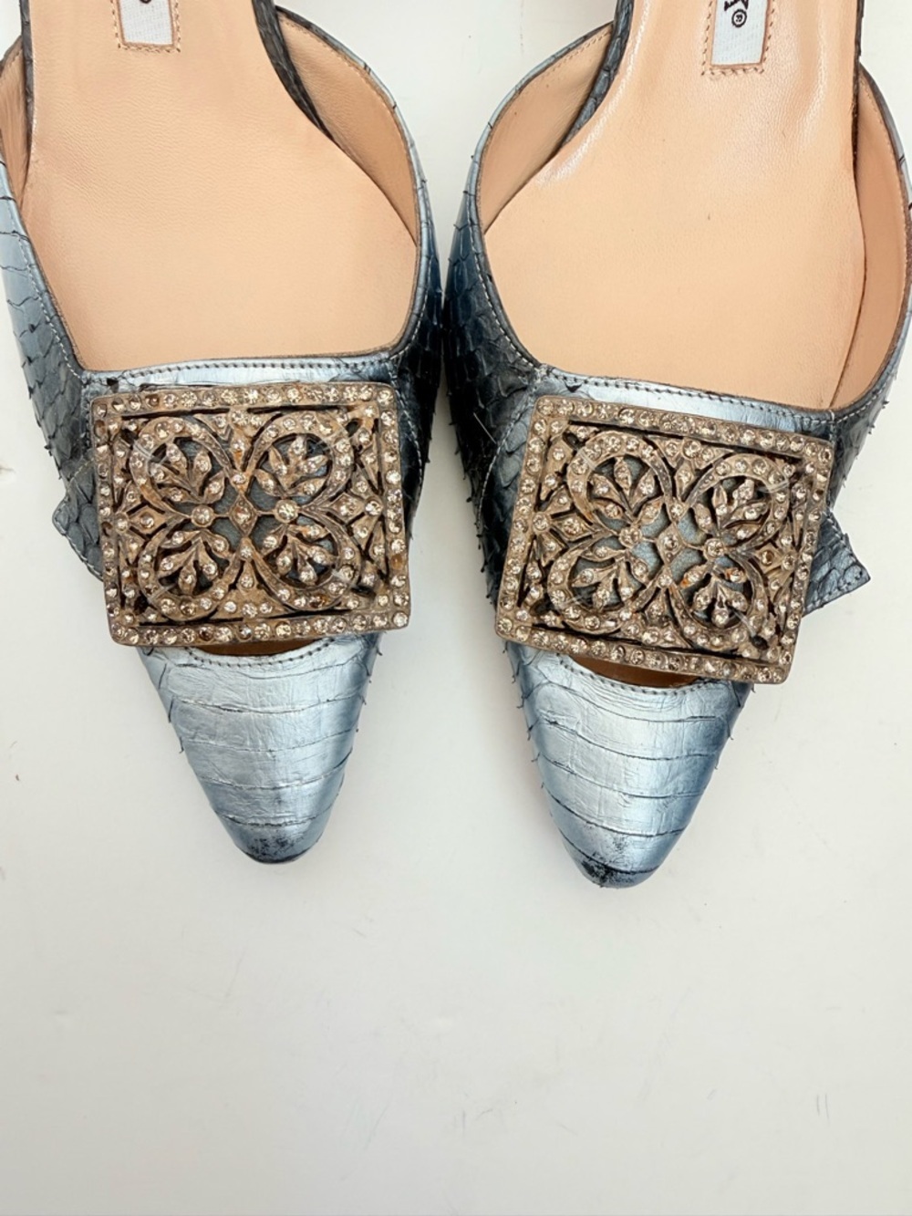 Manolo Blahnik Archive Python Slingback Heels Filigree Crystal Buckle EU 37.5 - Picture 10 of 10